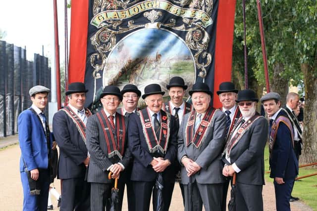 Sir Knights with Glaslough RBP 332 with their 90 year old banner in Enniskillen