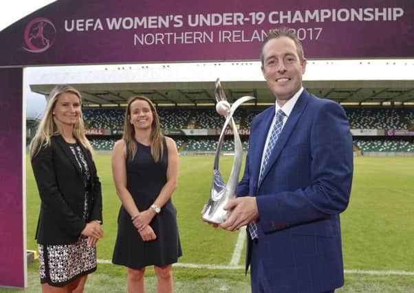 Emily Shaw, Womens Football Development Manager at UEFA, Tournament Director Sara Booth (Irish FA) and Sports Minister Paul Givan