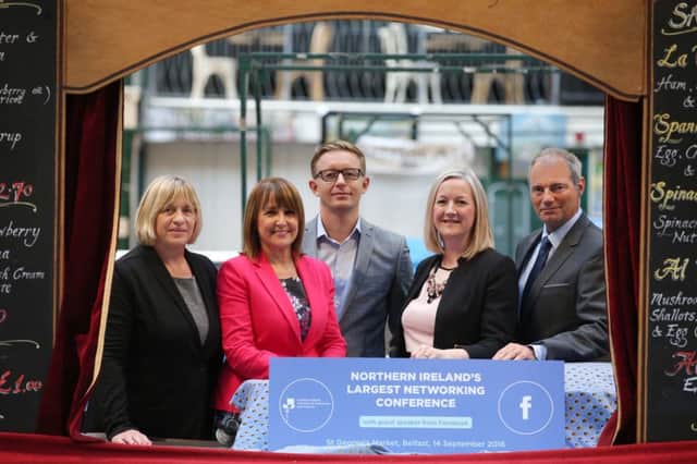 Pictured at the launch of the conference are, from left, City Cllr Aileen Graham, Ann McGregor of NI Chamber, Justin Rush of Abacus, Aine Kearney from Tourism NI and Brian Telford at Danske Bank