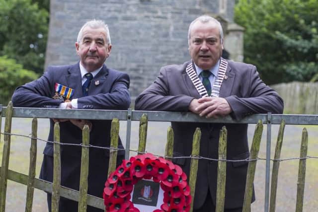 Pictured (left to right) Trevor Hassin MBE, a volunteer at the Royal British Legion and whose grandfather fought in the first world war, alongside George Black, Northern Irelands Royal British Legions Chairman at Helens Tower, where some of the men of the newly formed Ulster Division drilled and trained on the outbreak of war.