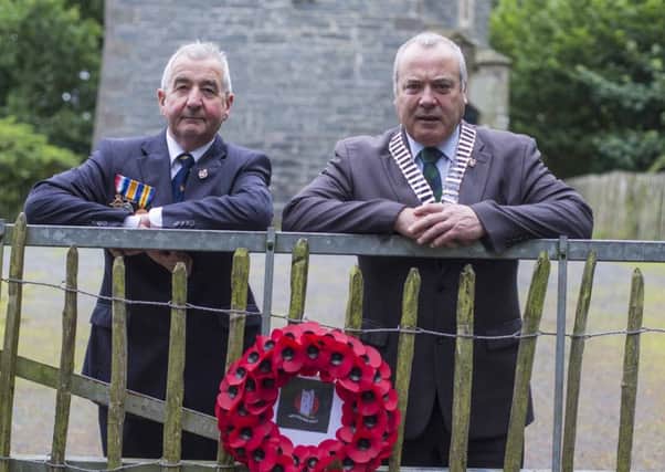 Pictured (left to right) Trevor Hassin MBE, a volunteer at the Royal British Legion and whose grandfather fought in the first world war, alongside George Black, Northern Irelands Royal British Legions Chairman at Helens Tower, where some of the men of the newly formed Ulster Division drilled and trained on the outbreak of war.