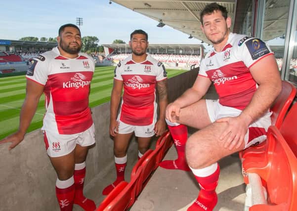New Ulster Rugby signings Rodney Ah You, Charles Piutau and Marcell Coetzee wear the new Ulster Rugby European Rugby kit