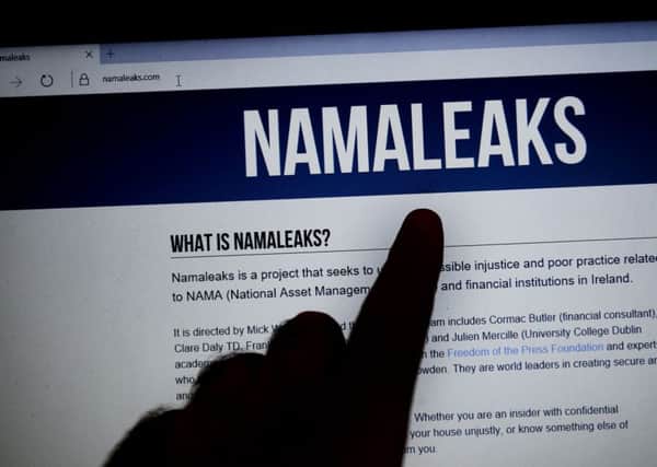 The Namaleaks website being accessed in a coffee shop in Dublin as former Sinn Fein Assembly committee chairman Daithi McKay has resigned following allegations that he communicated with loyalist Jamie Bryson before he gave explosive evidence about the Nama property deal