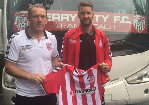 Derry City manager Kenny Shiels welcomes new signing Maximilian Karner.