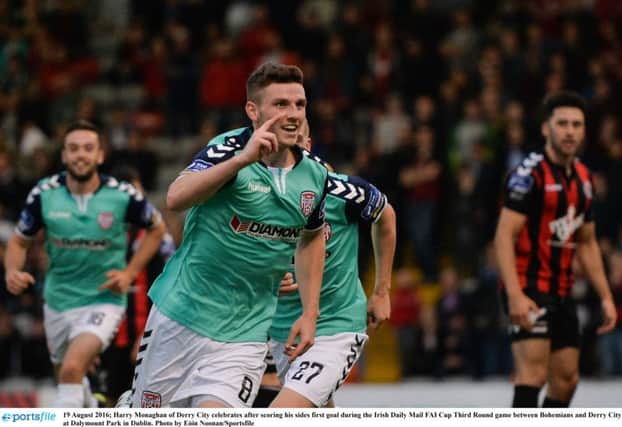 Harry Monaghan celebrates after scoring his side's first goal during last week's Irish Daily Mail FAI Cup Third Round victory over Bohemians at Dalymount Park. (Photo by EÃ³in Noonan/Sportsfile)