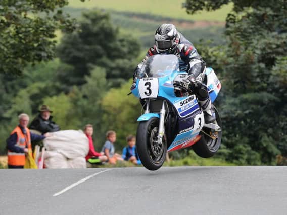 Michael Dunlop at Ballaugh Bridge on the Team Classic Suzuki XR69 during Superbike practice for the Classic TT races on Tuesday.
