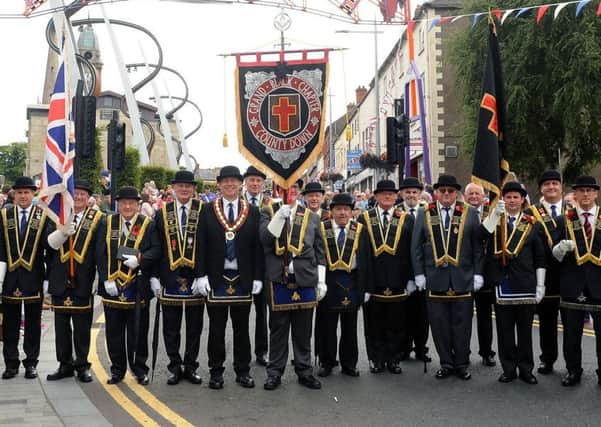 Sir Knight Brian Hunter, County Grand Master (fifth from left) and Co Down Grand Black Chapter officers and colour party in Lisburn city centre at the Co Down demonstration