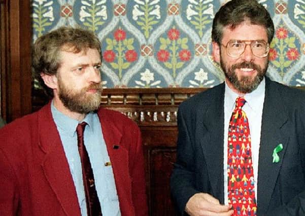 Jeremy Corbyn (left) with Sinn Fein President Gerry Adams at the House of Commons in 1995. Photo by Louisa Buller