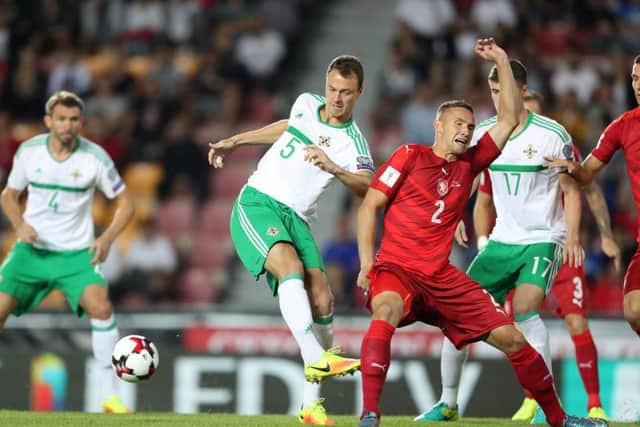 Czech Republic's Pavel Kaderabek with Northern Ireland's  Jonny Evans during Sundays World Cup 2018 Qualifier at the Generali Arena, Prague.   Photo by William Cherry
