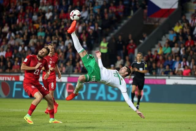 Kyle Lafferty's over-head-kick attempt against Czech Republic 
Picture by Brian Little/PressEye