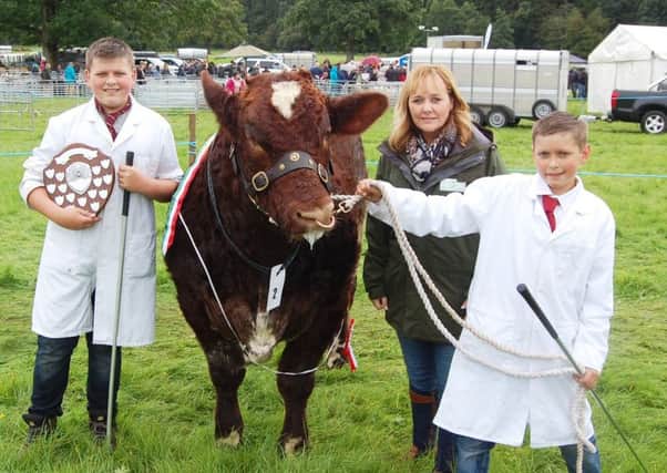 Farm Minister Michelle McIlveen with the Beef Junior Champion at this years RBST Northern Ireland Show and Sale. The animal, a Beef Shorthorn bull, was exhibited on behalf of breeder Duncan McDowell by brothers William (left) and Matthew McLucas, from Muff in Co Donegal