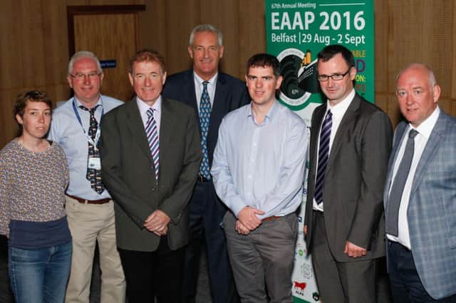 Speakers at the second Thursday morning session at EAAP 2016 in the Waterfront, Belfast. From left: Julie Duval, Drew McConnell, Chair of Dairy Committee, AgriSearch; John Bailey, AFB; James Campbell, AgriSearch; Francis Lively, AFBI; Martin Mulholland, CAFRE and Sam Hoste, Quantech.  AgriSearch sponsored the session on Using on-farm research and the multi-actor approach to boost effectiveness of knowledge exchange. Photograph: Columba O'Hare