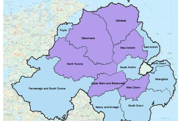 Map of the new proposed political boundaries for Northern Ireland (renamed constituencies in purple)