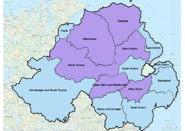 Map of the new proposed political boundaries for Northern Ireland (renamed constituencies in purple)