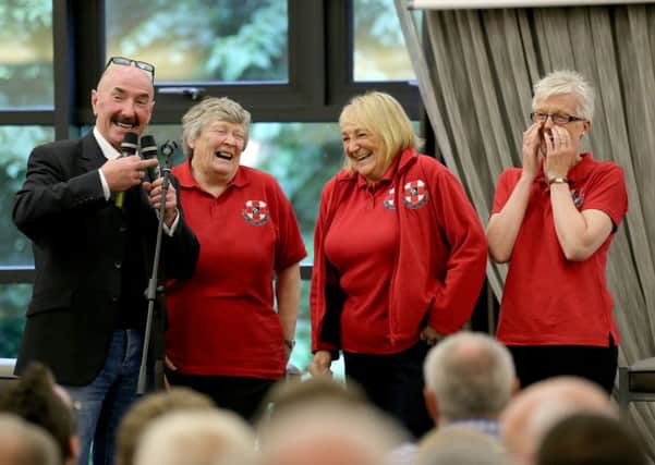 Liam Beckett with Sheila Sinton MBE, Yvonne Ward and Jan Simm from The Injured Riders Welfare Fund at the MCE Ulster Grand Prix Meet the Riders event at Ramada Plaza Hotel, Belfast on 4th July where fundraising kicked off.