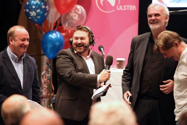(L-R) Stars of the The Hole In The Wall Gang Damon Quinn, Tim McGarry and Michael McDowell join William Crawley to celebrate 30 years of Talkback.