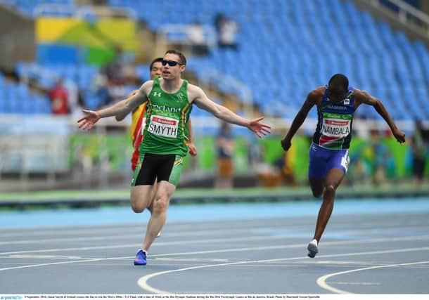 Jason Smyth of Ireland crosses the line to win the Men's 100m - T13 Final, with a time of 10.64, at the Rio Olympic Stadium during the Rio 2016 Paralympic Games in Rio de Janeiro.