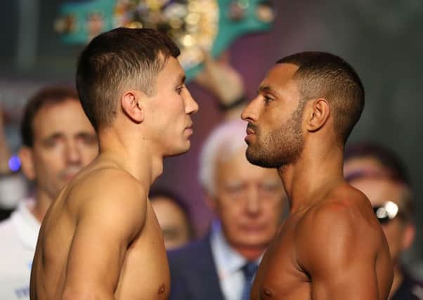 Gennady Golovkin and Kell Brook during the Weigh In at the Indigo at The O2