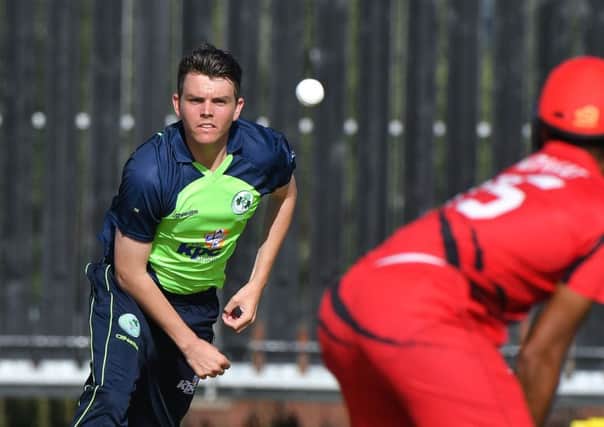 Jacob Mulder bowling for Ireland against Hong Kong