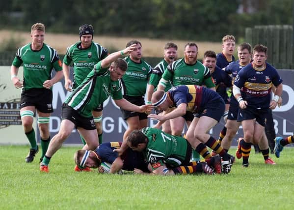 Banbridge and City of Derry battle for possession at Rifle Park on Saturday. ( Picture by Freddie Parkinson/Press Eye)