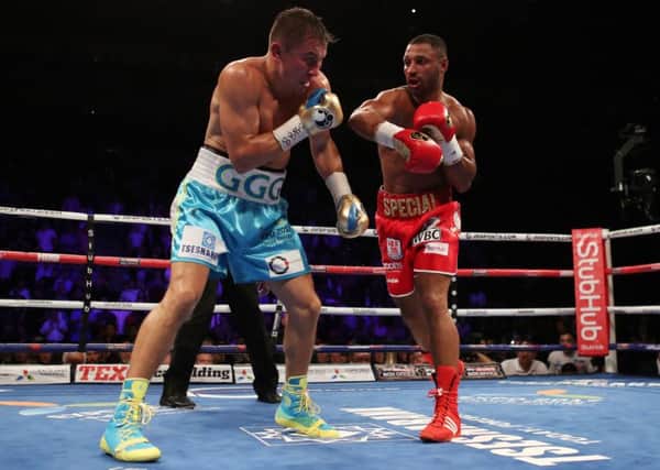 Gennady Golovkin (left) and Kell Brook during the WBC, IBF and IBO World Middleweight title bout at The O2 Arena