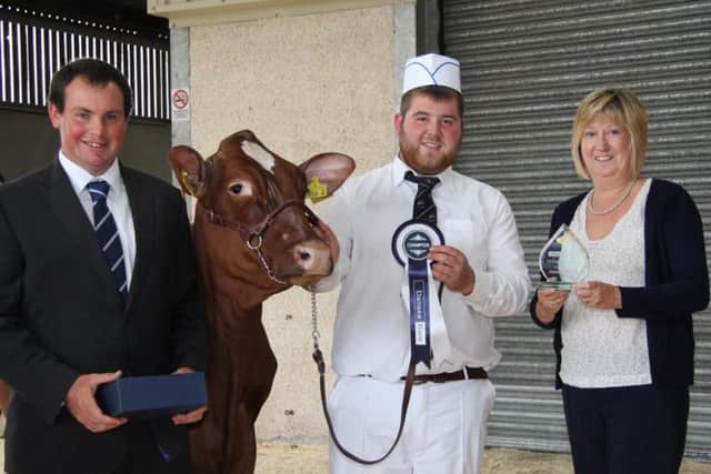 Maureen Currie, Danske Bank, presents the Shorthorn championship at the 14th annual multi-breed dairy calf show to John McLean, Bushmills, who exhibited Bushmills Prophets Petal. Included is judge David Christophers from Cornwall. Picture: Julie Hazelton