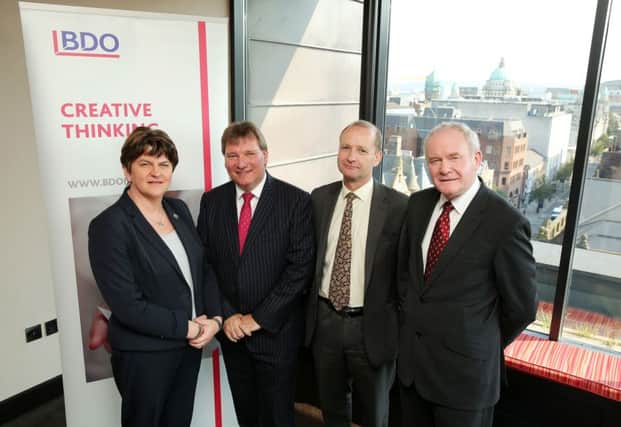 First and Deputy First Ministers Arlene Foster and Martin McGuinness pictured at the jobs announcement with with BDO managing partner Peter Burnside, centre left, and Ashley Carter, BDO London