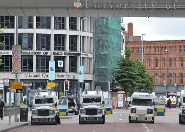 Police Land Rovers deployed at the anti-internment rally in Belfast in August 2015
