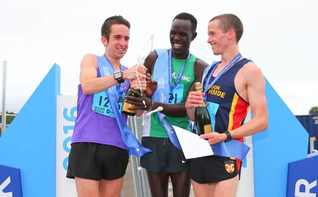 The Mens' Podium at the  Deep RiverRock Belfast City Half Marathon in Ormeau Park (from left) 2nd Scott Rankin , 1st Freddie Sittock and 3rd Adam Kirk-Smith in the 4th (Photo by Kevin Scott / Press Eye)