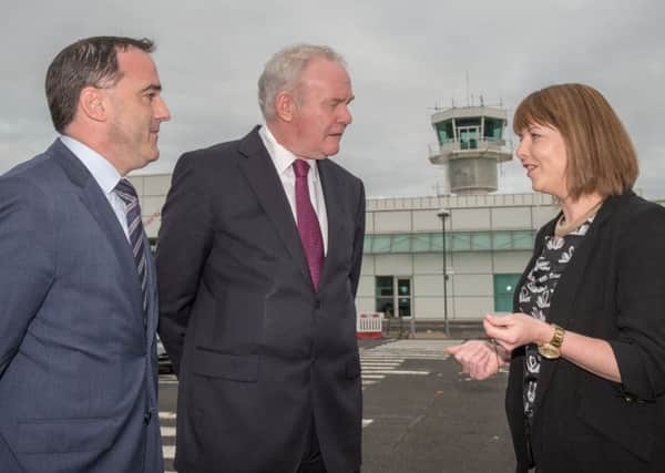 Deputy First Minister Martin McGuinness pictured at City of Derry Airport with Paul Byrne, City of Derry, Airport Board Member and Frances Wilson, Company Secretary,after it was announced that the airport is to receive a support package of Â£7m form the Northern Ireland Executive. Picture Martin McKeown.