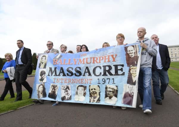 Pacemaker Press 19/9/2016 Ballymurphy massacre  families walk to Stormont House on Monday to meet with the Secretary of State for Northern Ireland  James Brokenshire. Pic Colm Lenaghan/Pacemaker