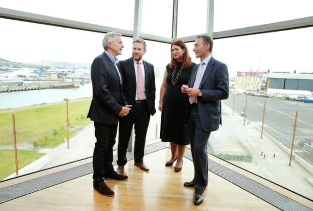 David Gavaghan, right, is pictured with Ryanair chief Michael OLeary, Stuart Carson of sponsor Rainbow Communications and Sarah Green, CBI