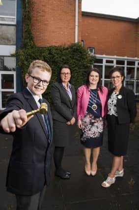 Priory College student Matthew Barrow with Jacqueline McAleese of Carson McDowell, Dr Anne Rice and Priory principal Jacqueline Magennis