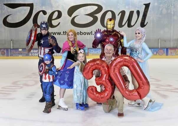 Councillor Tim Morrow of Lisburn and Castlereagh City Council is joined by Elsa and Anna, Iron Man and Captain America to launch Dundonald International Ice Bowls 30th birthday celebrations