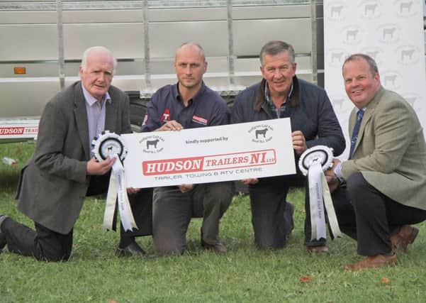 Gareth George, Hudson Trailers, second left, discusses sponsorship of the Pedigree Calf Fair with NI Beef Shorthorn Club members Tom McGuigan and David Hammond; and event chairman David Connolly. Picture: Julie Hazelton