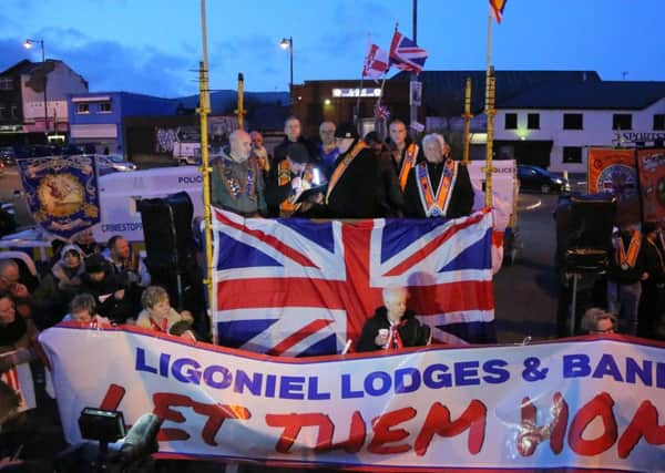 Pictured is the 1000th day parade held at Twaddell in North Belfast on April 07, 2016  Belfast, Northern Ireland