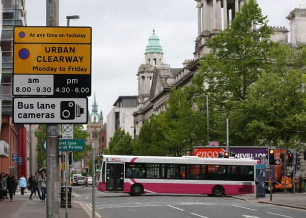 A warning about bus lane cameras on May Street, just to the east of Belfast City Hall. One nearby camera had resulted in Â£975,000-worth of fines.