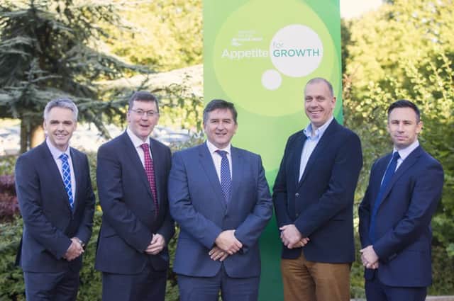 From left to right, pictured at the Northern Ireland Food and Drink Association's Annual Appetite for Growth Conference, Glenn Roberts, Partner at Deloitte; Alan Bridle, UK Economist and Market Analyst, Bank of Ireland UK; Declan  Billington, NIFDA Chair; John Hood, Director of Food and Tourism at Invest NI and Tony Brown, Commercial Manager, Sysco Software.