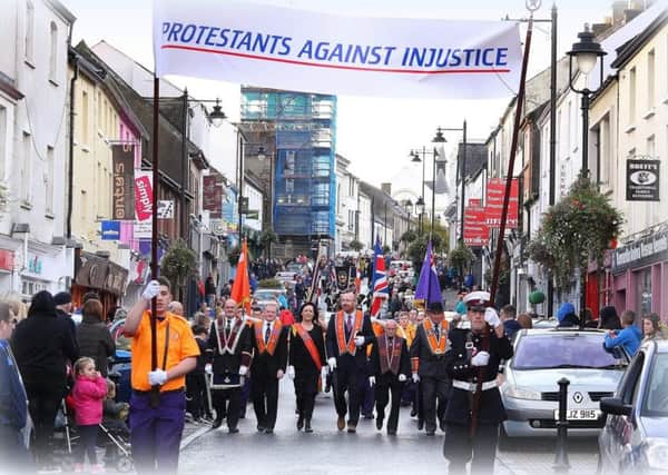 Members of the Protestant Against Injustice Committee heading a parade through Ballymoney on Saturday, September 24, 2016