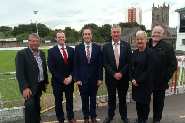 Pictured at Inver Park are (L-R) MP Sammy Wilson, MLA Gordon Lyons, Communities Minister Paul Givan, Chief Executive of Larne Mervyn McKay, Cllr Angela Smyth and MLA David Hilditch.