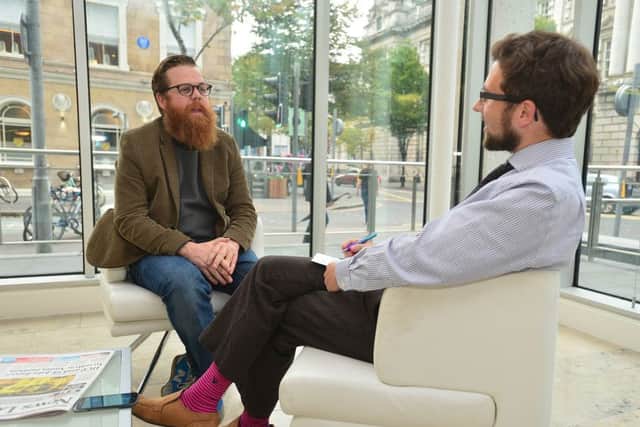 John-Paul Whearty speaking to the News Letter's Sam McBride ahead of his show in the MAC in Belfast. 
Picture: Arthur Allison.