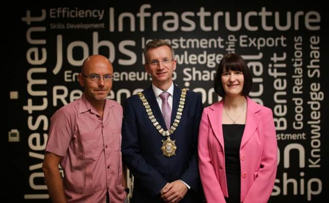 International designer Wayne Hemingway joins Belfast Lord Mayor Brian Kingston and Innovation Factory Director Majella Barkey at the official opening of the new facilitybased in part of the old Mackies works