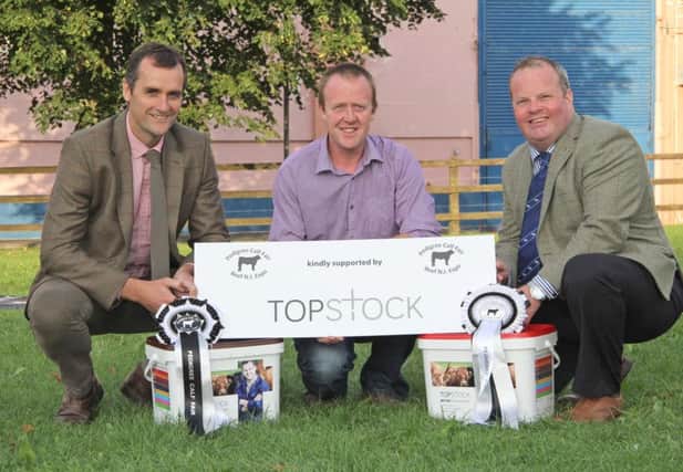 Topstock's Mark Crawford is pictured at the launch of the Pedigree Calf Fair @ Beef NI Expo, with Brian McGartland, NI Blonde Club; and event chairman David Connolly. Picture: Julie Hazelton