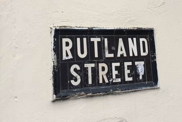 A general view of the sign for Rutland Street in Belfast, where a family have been forced to move out of their home after catching 19 rats in 24 hours. PRESS ASSOCIATION Photo. Picture date: Wednesday September 28, 2016. Michael and Paula McCann and their two young children returned from a holiday to find their terraced house infested by rodents. Photo credit : David Young/PA Wire
