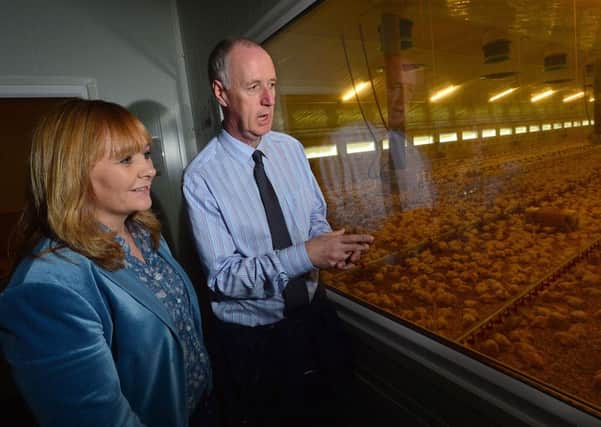 DAERA Minister Michelle McIlveen visits a Castlecaulfield poultry farm to hear from Moy Park European HR Director Mike Mullan about the work of Europes leading poultry producer and their operating model which involves a close and highly effective working relationship with their poultry farmers