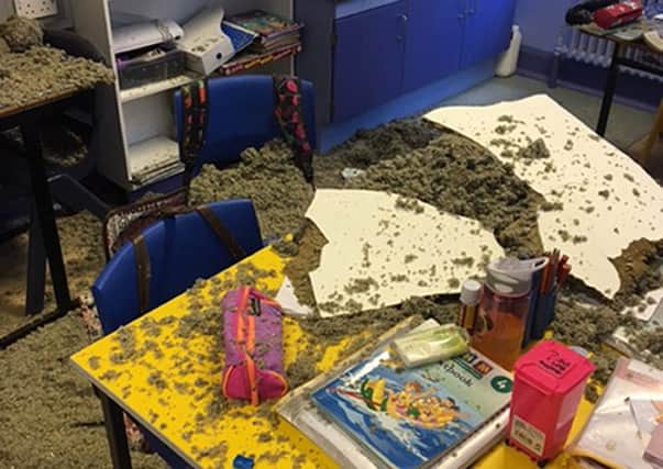 The damage caused when a ceiling came crashing down during a lesson at Killyleagh Primary School in Co Down.