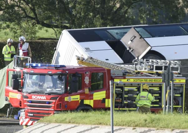 The scene of an accident on the A76 at the Crossroads roundabout near to Bowhouse Prison, Ayrshire where a bus landed on its side on a grass verge. Picture c/o Press Association.
