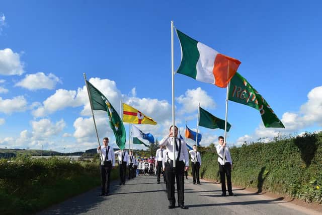Around 800 pictured walking behind five bands that assembled at Galbally Community Centre before proceeding to the graveside of Martin Hurson in the local church grounds, where former Hunger Striker Tommy McKearney offered  the main reflection.
Picture By: Arthur Allison/Pacemaker Press