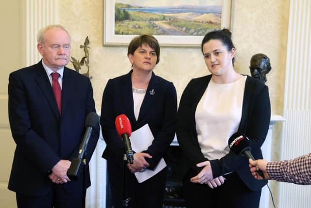 June 7, 2016:

First Minister Arlene Foster, Deputy First Minister Martin McGuinness and Justice Minister Claire Sugden at a news conference in Stormont Castle announcing the publication of a report on the disbandment of paramilitary groups