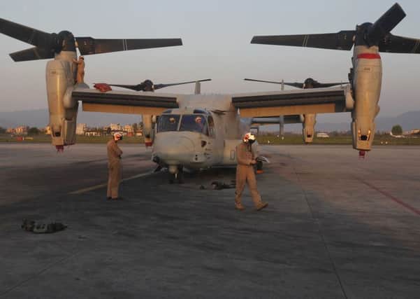 A US Air Force Bell Boeing V-22 Osprey aircraft is seen after it arrived at the Tribhuvan International airport in Kathmandu, Nepal, in 2015.